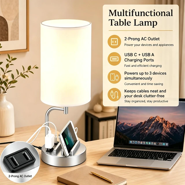 Alt view image 3 of 7 - Touch Control USB Table Lamp with USB C/A & AC Outlet, 3-Way Dimmable Bedside Lamp, Modern Nightstand Lamps for Bedroom Living Room Guest Room Office, Bulb Included, Silver