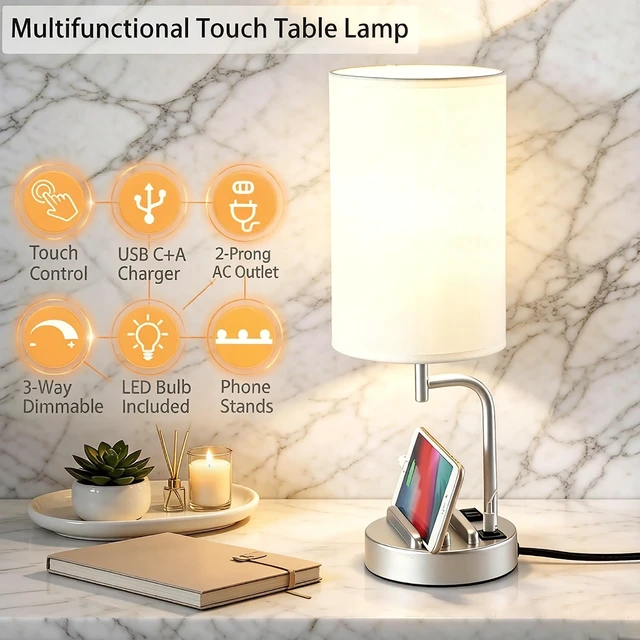Alt view image 5 of 7 - Touch Control USB Table Lamp with USB C/A & AC Outlet, 3-Way Dimmable Bedside Lamp, Modern Nightstand Lamps for Bedroom Living Room Guest Room Office, Bulb Included, Silver
