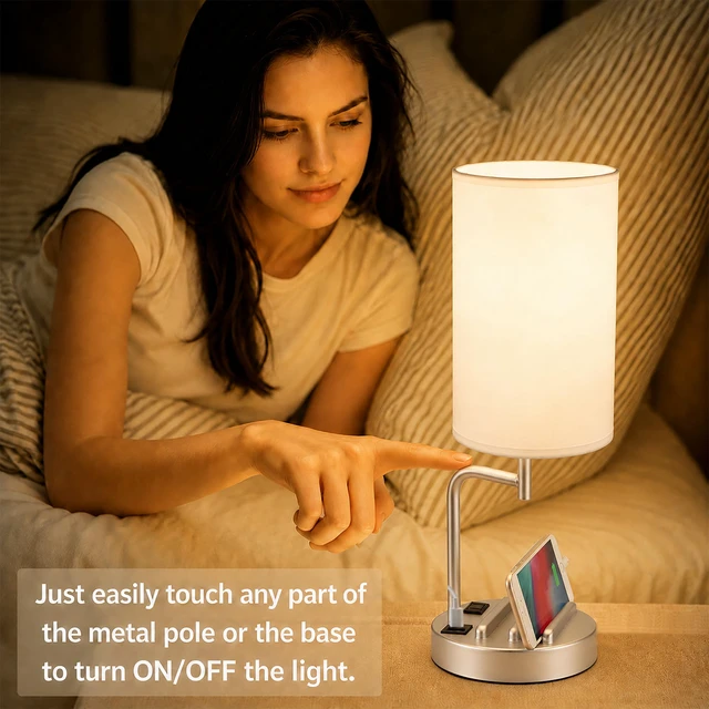 Alt view image 4 of 7 - Touch Control USB Table Lamp with USB C/A & AC Outlet, 3-Way Dimmable Bedside Lamp, Modern Nightstand Lamps for Bedroom Living Room Guest Room Office, Bulb Included, Silver