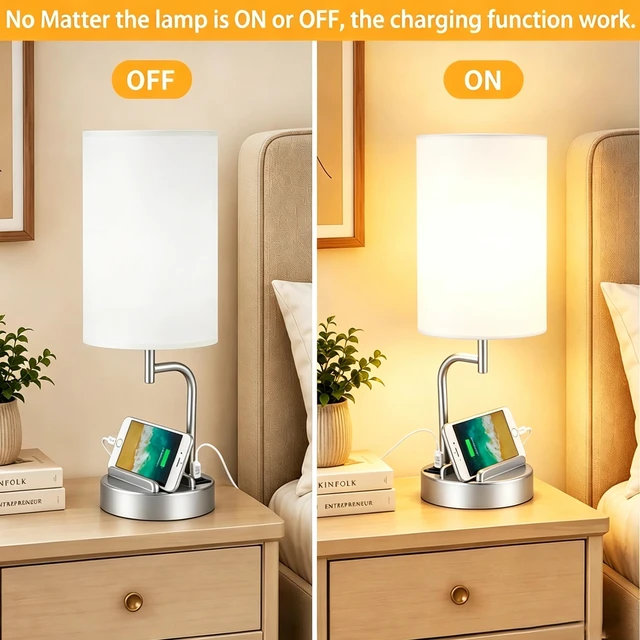 Alt view image 6 of 7 - Touch Control USB Table Lamp with USB C/A & AC Outlet, 3-Way Dimmable Bedside Lamp, Modern Nightstand Lamps for Bedroom Living Room Guest Room Office, Bulb Included, Silver