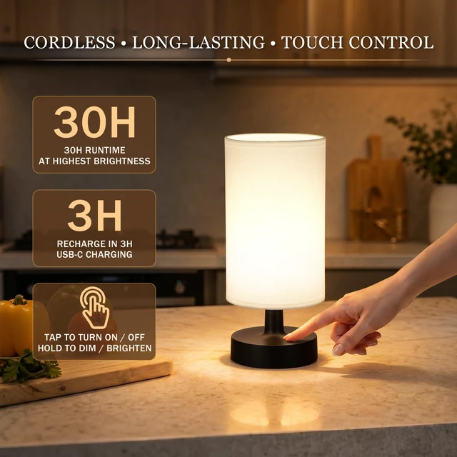 Alt view image 2 of 7 - Cordless Table Lamp Rechargeable Small - 2 Pack White Black, 4000mAh Battery Operated Lamp with Touch Control Stepless Dimming, Wireless Lamp for Bedside, Nightstand, Bedroom, Living Room