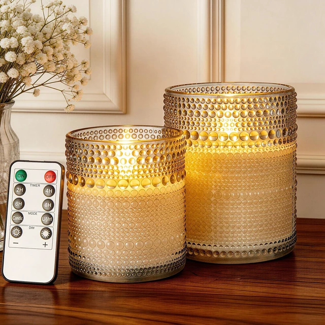 Main image of Gray Dotted Glass Real Wax Flameless Battery-Operated LED Pillar Candles LED Candles with Remote and Timer 3D Flickering Flame, for Festival Wedding Home Party Decor, 3"x 4", 4"x 5", Set of 2