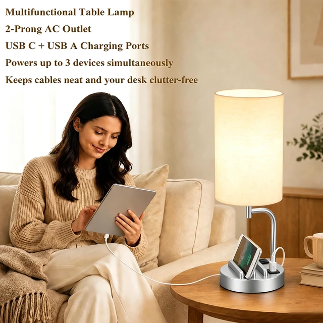 Alt view image 7 of 7 - Touch Control USB Table Lamp with USB C/A & AC Outlet, 3-Way Dimmable Bedside Lamp, Modern Nightstand Lamps for Bedroom Living Room Guest Room Office, Bulb Included, Silver