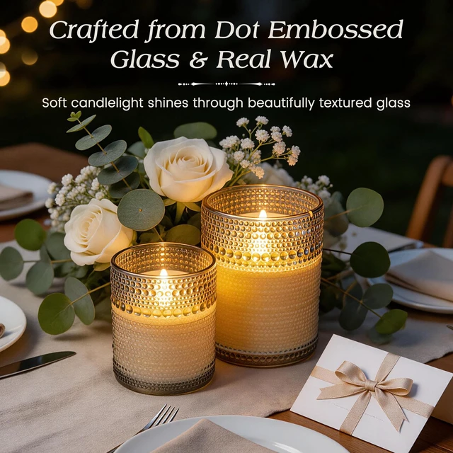 Alt view image 2 of 7 - Gray Dotted Glass Real Wax Flameless Battery-Operated LED Pillar Candles LED Candles with Remote and Timer 3D Flickering Flame, for Festival Wedding Home Party Decor, 3"x 4", 4"x 5", Set of 2