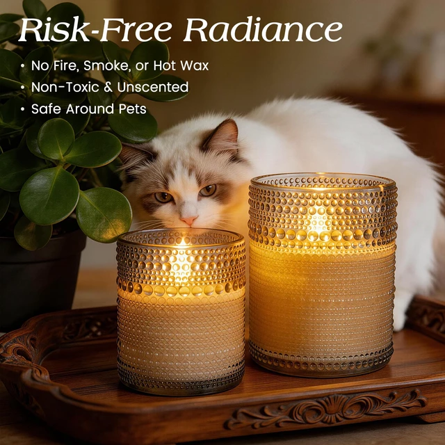 Alt view image 3 of 7 - Gray Dotted Glass Real Wax Flameless Battery-Operated LED Pillar Candles LED Candles with Remote and Timer 3D Flickering Flame, for Festival Wedding Home Party Decor, 3"x 4", 4"x 5", Set of 2