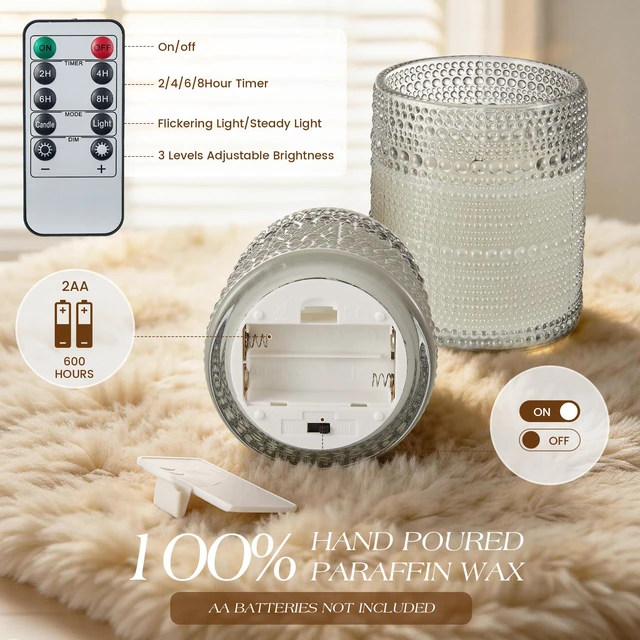 Alt view image 6 of 7 - Gray Dotted Glass Real Wax Flameless Battery-Operated LED Pillar Candles LED Candles with Remote and Timer 3D Flickering Flame, for Festival Wedding Home Party Decor, 3"x 4", 4"x 5", Set of 2