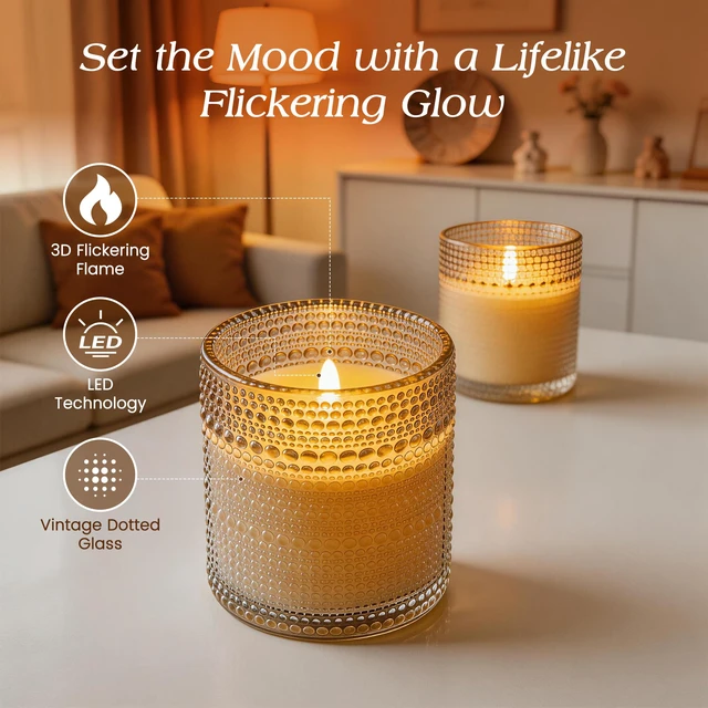 Alt view image 5 of 7 - Gray Dotted Glass Real Wax Flameless Battery-Operated LED Pillar Candles LED Candles with Remote and Timer 3D Flickering Flame, for Festival Wedding Home Party Decor, 3"x 4", 4"x 5", Set of 2