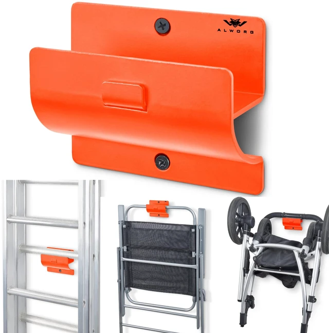 Alt view image 4 of 5 - Orange Heavy Duty Ladder Hooks - Garage Wall Mount Storage Hanging Bracket Holds Wheelbarrows, Step Ladders and Folding Chairs, Versatile Tool Organiser for Garage, Easy to Install