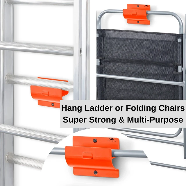 Alt view image 5 of 5 - Orange Heavy Duty Ladder Hooks - Garage Wall Mount Storage Hanging Bracket Holds Wheelbarrows, Step Ladders and Folding Chairs, Versatile Tool Organiser for Garage, Easy to Install