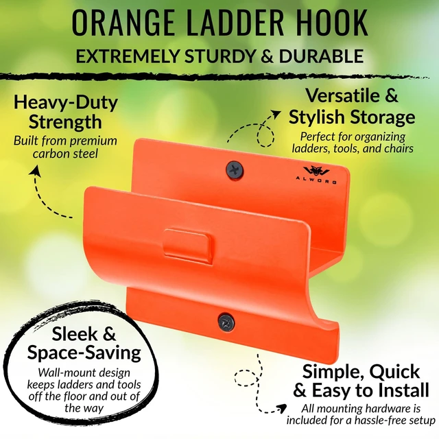 Alt view image 2 of 5 - Orange Heavy Duty Ladder Hooks - Garage Wall Mount Storage Hanging Bracket Holds Wheelbarrows, Step Ladders and Folding Chairs, Versatile Tool Organiser for Garage, Easy to Install