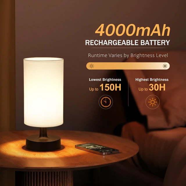 Alt view image 4 of 7 - Cordless Table Lamp Rechargeable Small - 2 Pack White Black, 4000mAh Battery Operated Lamp with Touch Control Stepless Dimming, Wireless Lamp for Bedside, Nightstand, Bedroom, Living Room