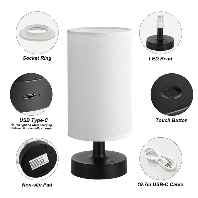 Alt view image 6 of 7 - Cordless Table Lamp Rechargeable Small - 2 Pack White Black, 4000mAh Battery Operated Lamp with Touch Control Stepless Dimming, Wireless Lamp for Bedside, Nightstand, Bedroom, Living Room