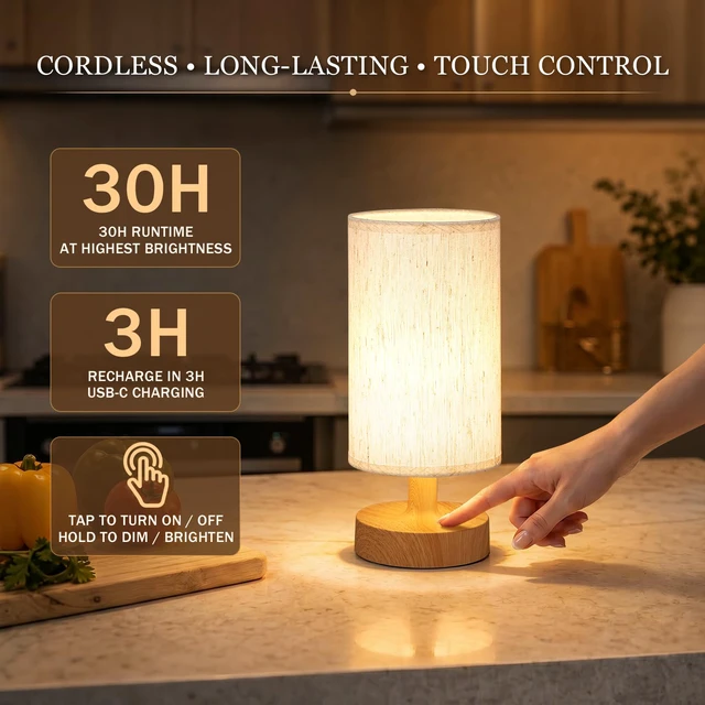 Alt view image 2 of 7 - Cordless Table Lamp Rechargeable Small - 2 Pack Beige Wood, 4000mAh Battery Operated Lamp with Touch Control Stepless Dimming, Wireless Lamp for Bedside, Nightstand, Bedroom, Living Room