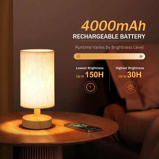 Alt view image 4 of 7 - Cordless Table Lamp Rechargeable Small - 2 Pack Beige Wood, 4000mAh Battery Operated Lamp with Touch Control Stepless Dimming, Wireless Lamp for Bedside, Nightstand, Bedroom, Living Room