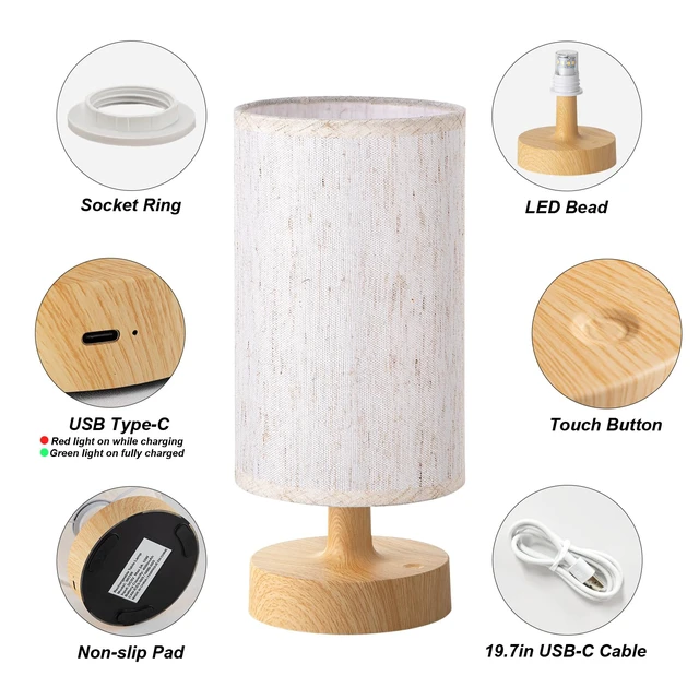 Alt view image 6 of 7 - Cordless Table Lamp Rechargeable Small - 2 Pack Beige Wood, 4000mAh Battery Operated Lamp with Touch Control Stepless Dimming, Wireless Lamp for Bedside, Nightstand, Bedroom, Living Room