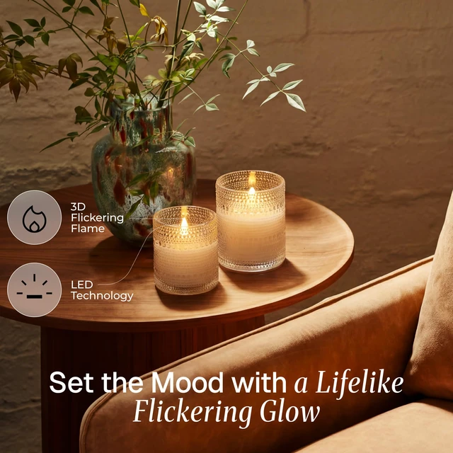 Alt view image 2 of 7 - White Dotted Glass Real Wax Flameless Battery-Operated LED Pillar Candles LED Candles with Remote and Timer 3D Flickering Flame, for Festival Wedding Home Party Decor, 3"x 4", 4"x 5", Set of 2