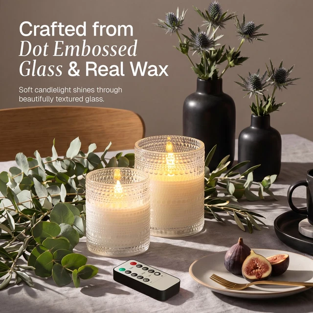 Alt view image 4 of 7 - White Dotted Glass Real Wax Flameless Battery-Operated LED Pillar Candles LED Candles with Remote and Timer 3D Flickering Flame, for Festival Wedding Home Party Decor, 3"x 4", 4"x 5", Set of 2