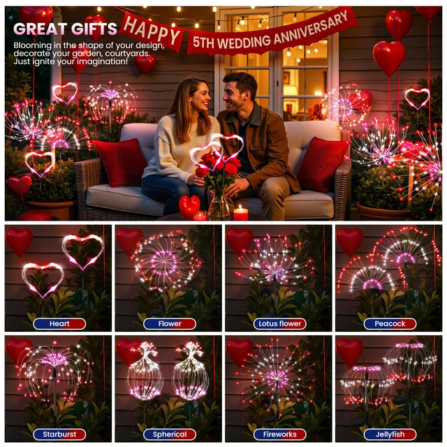 Alt view image 3 of 7 - Solar Firework Fairy Garden Lights Outdoor, Red/White/Pink, 6 Pack 120 LEDs, Waterproof, Fairy Garden Decor, Auto On/Off, Solar Powered, for Yard, Patio, Porch, Flower Pot, Pathway