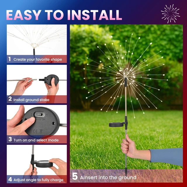 Alt view image 4 of 7 - Solar Firework Fairy Garden Lights Outdoor, Red/White/Pink, 6 Pack 120 LEDs, Waterproof, Fairy Garden Decor, Auto On/Off, Solar Powered, for Yard, Patio, Porch, Flower Pot, Pathway