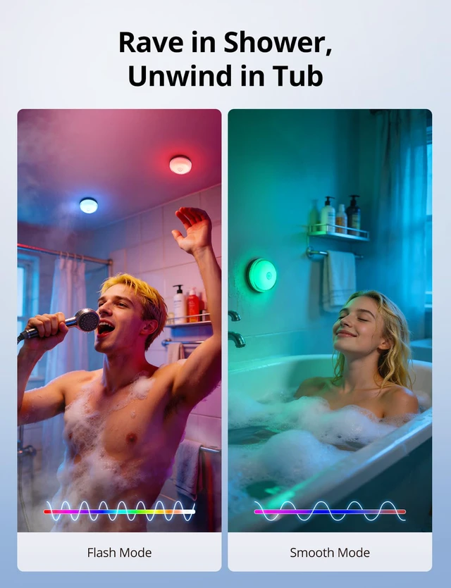 Alt view image 3 of 7 - Rechargeable RGB Ambient Shower Light Waterproof Inside, 15 Color Changing Mood Lighting for Bathroom Bathtub IP65 Waterproof Cordless Battery Operated Stick on Lamp with Remote(Black 2 Pack)