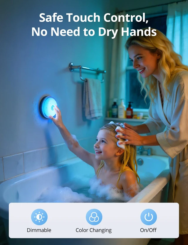 Alt view image 6 of 7 - Rechargeable RGB Ambient Shower Light Waterproof Inside, 15 Color Changing Mood Lighting for Bathroom Bathtub IP65 Waterproof Cordless Battery Operated Stick on Lamp with Remote(Black 2 Pack)
