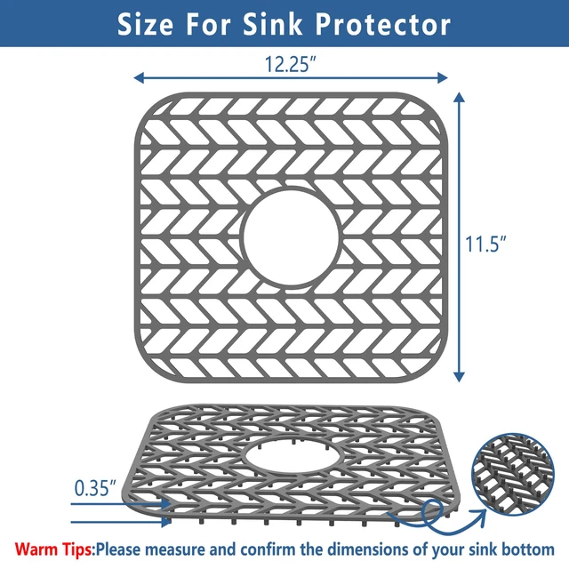 Alt view image 2 of 7 - Silicone Sink Protectors for Kitchen Sink, 12" x 11" Mat for bottom of sink, Center Drain Hole, Protect from Stains, Scratches, Dishwasher Safe Grid for Kitchen (2 Pack, Gray)