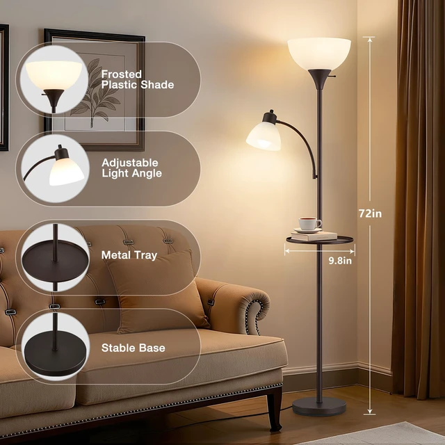 Alt view image 2 of 7 - 72" Floor Lamp with Table, Adjustable Reading Lights, Torchiere Floor Lamps Modern for Living Room, Bedroom, Office, BrownBulb not included