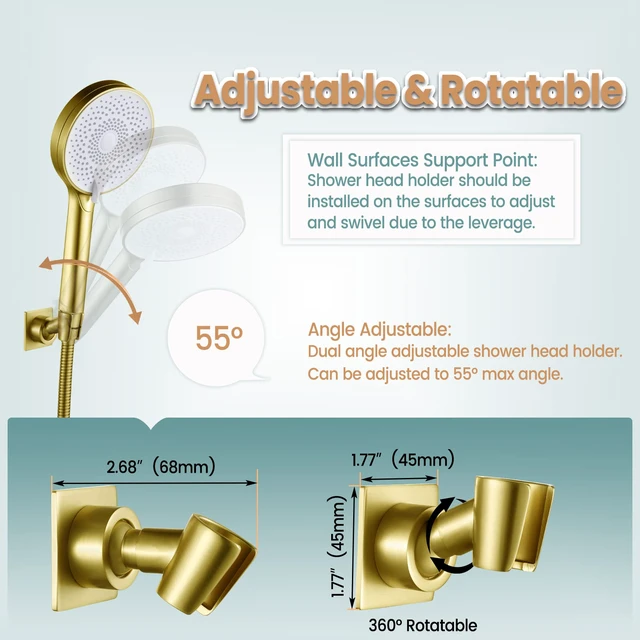 Alt view image 3 of 7 - Shower Head Holder Handheld Shower Wand Holder Adjustable Shower Head Bracket Shower Wall Mount Holder, Brushed Brass/Gold Finish, Drill Free Glue Installation