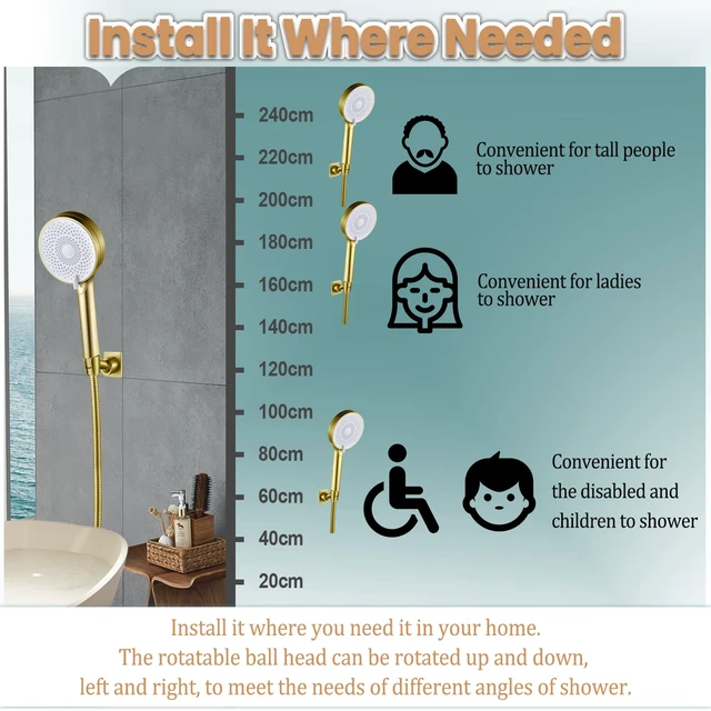 Alt view image 4 of 7 - Shower Head Holder Handheld Shower Wand Holder Adjustable Shower Head Bracket Shower Wall Mount Holder, Brushed Brass/Gold Finish, Drill Free Glue Installation
