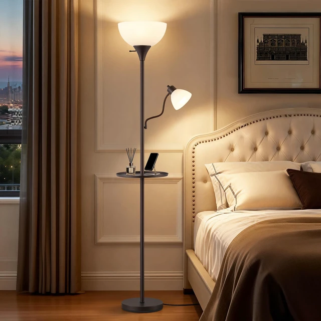 Alt view image 5 of 7 - 72" Floor Lamp with Table, Adjustable Reading Lights, Torchiere Floor Lamps Modern for Living Room, Bedroom, Office, BrownBulb not included