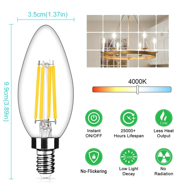 Alt view image 4 of 6 - E12 LED Candelabra Bulbs, 4W Dimmable B11 Chandelier Light Bulbs Equivalent 40W Incandescent, 4000K Natural White, 450 Lumens, No Flicker, LED Filament Clear Glass Candle Bulbs, 12-Pack
