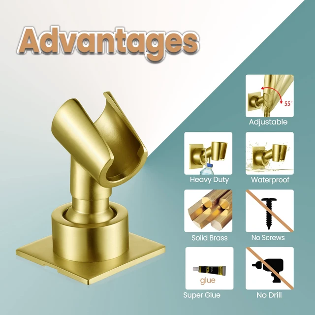 Alt view image 7 of 7 - Shower Head Holder Handheld Shower Wand Holder Adjustable Shower Head Bracket Shower Wall Mount Holder, Brushed Brass/Gold Finish, Drill Free Glue Installation