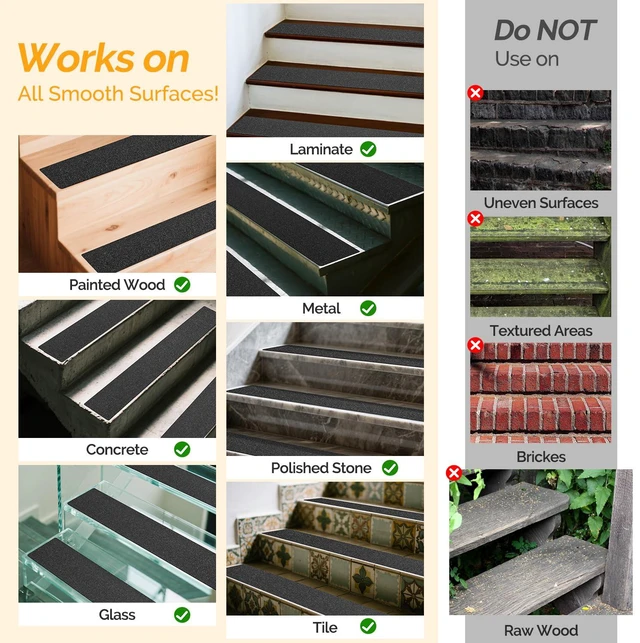 Alt view image 6 of 7 - Outdoor Stair Treads Non-Slip 30" x 6" 8-Pack Waterproof 80-Grit Grip Tape Weather Resistant Exterior Grip Tape for Wooden Steps, Non Slip Stair Treads for Outdoor, Anti Skid Strips 80-Grit, Black