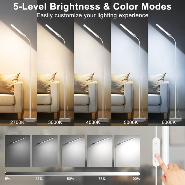 Alt view image 3 of 7 - White Floor Lamp, 18W/2000LM Bright LED Floor Lamp for Living Room, Adjustable Gooseneck Dimmable Standing Office Task Lamp for Reading, Study, Eye Caring Lash Light for Sewing Tatoo Facial Spa