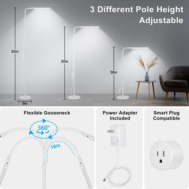 Alt view image 4 of 7 - White Floor Lamp, 18W/2000LM Bright LED Floor Lamp for Living Room, Adjustable Gooseneck Dimmable Standing Office Task Lamp for Reading, Study, Eye Caring Lash Light for Sewing Tatoo Facial Spa