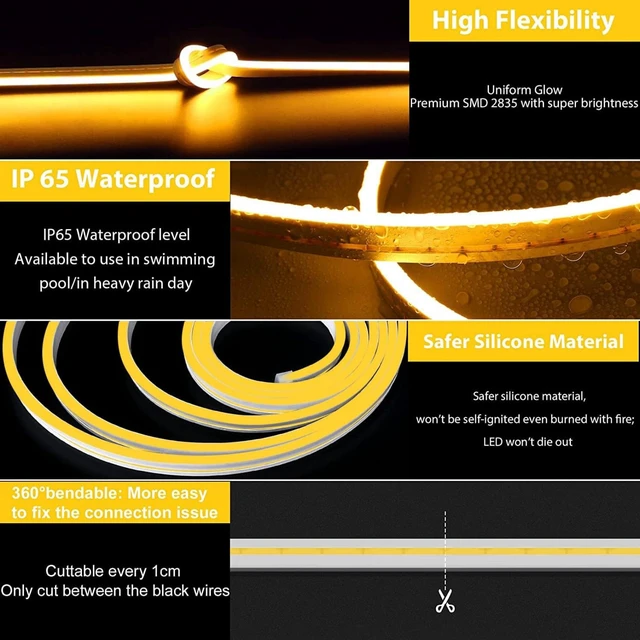 Alt view image 5 of 7 - LED Strip Lights, Yellow Neon Rope, 0.39in/Cut, 32.8ft, 2Pack Waterproof, Silicone Flexible, Connectable for Bedroom, Cabinet, Commercial Decor, 12V, Not Included Power Adapter