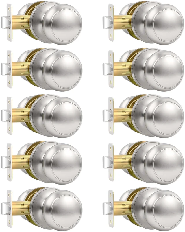 Main image of 10 Pack Brushed Nickel Door Knob, Round Interior Door Knobs for Hallway Closet, Non-Locking Passage Door Knobs, Keyless Door Handles for Left/Right Handle Doors
