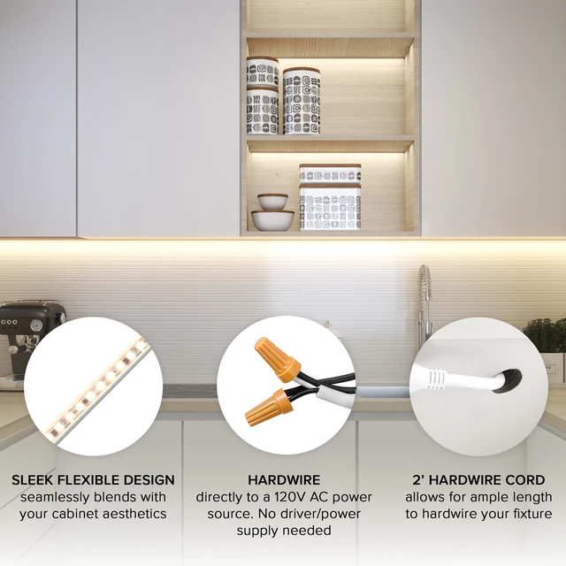 Alt view image 4 of 7 - 48 in. Hardwired LED Under Cabinet Strip Light, 1840 Lumens, 3000K Warm White, Kitchen and Living Room 120V White Cove Lighting, No Power Supply Needed