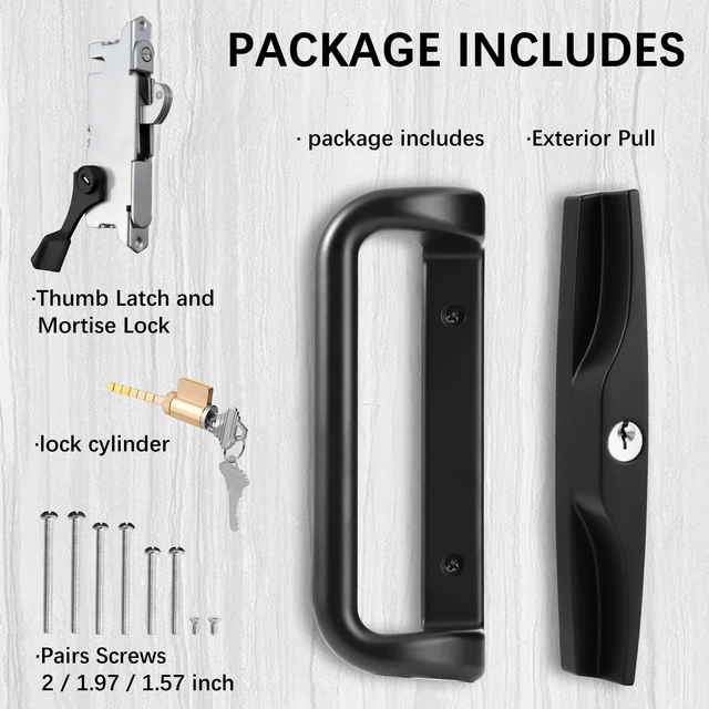 Alt view image 4 of 7 - Black Sliding Glass Door Handle Set with Lock and Key Fits 3-15/16 in screw holes; keyed mortise lock, reversible, for 1-3/16 to 2 in doors