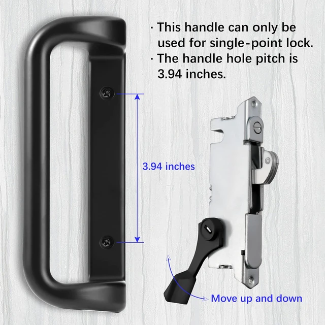 Alt view image 5 of 7 - Black Sliding Glass Door Handle Set with Lock and Key Fits 3-15/16 in screw holes; keyed mortise lock, reversible, for 1-3/16 to 2 in doors