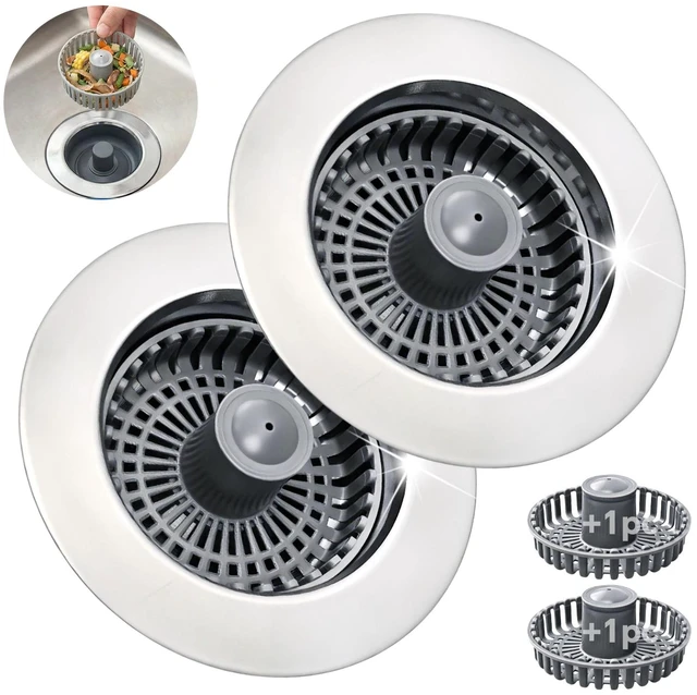 Main image of Kitchen Sink Stopper, 3 in 1 Pop Up Kitchen Sink Drain Strainer, with an Extra Basket Strainer, Sink Drain Stopper for US Standard 3-1/2 Inch, Brass Material Electroplate (Silver 2pcs)
