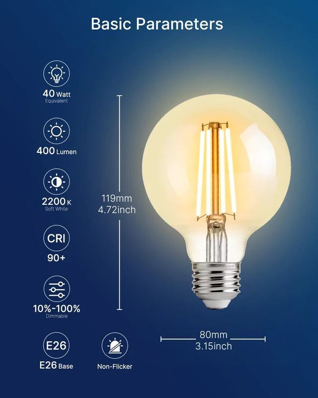 Alt view image 4 of 7 - G25 LED Globe Bulbs, 40W Eqv, 400LM, 2200K Warm White, E26, 12 Pack Dimmable, CRI90+, amber glass, UL listed, instant on, for bathroom vanity, mirror lighting, living room decor
