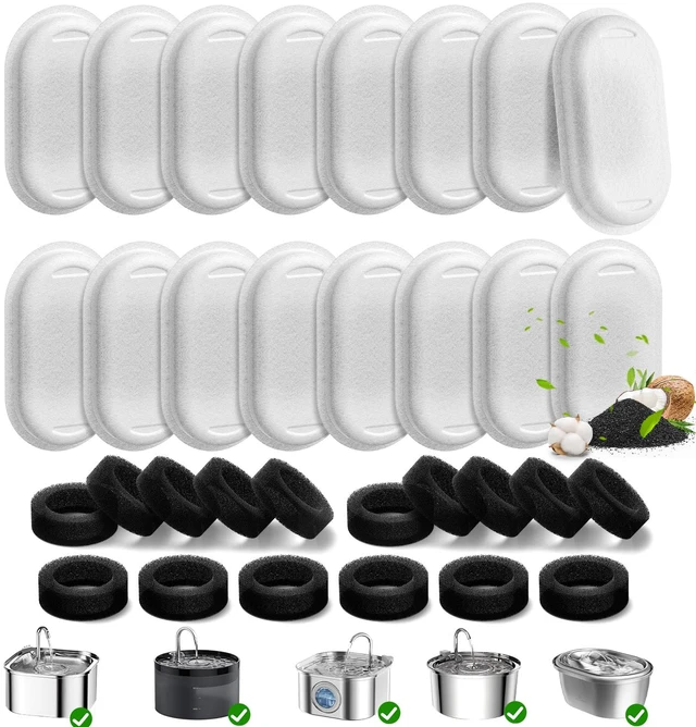 Main image of 32 Pack Cat Water Fountain Filters for Stainless Steel Pet Water Dispenser 108/3.2L& 67oz/2L& 4L/135oz Cat/Dog Fountain Filter Replacement(16 Filters & 16 Sponges)