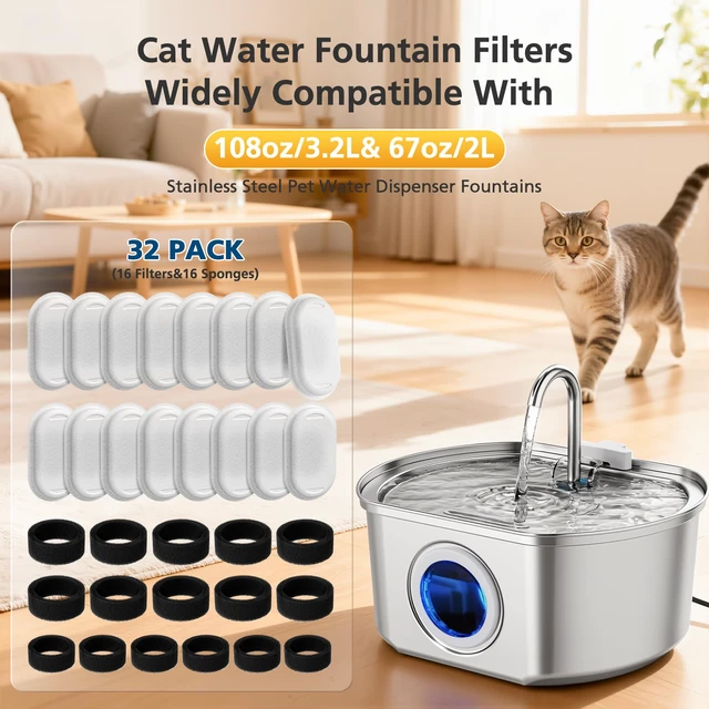 Alt view image 3 of 7 - 32 Pack Cat Water Fountain Filters for Stainless Steel Pet Water Dispenser 108/3.2L& 67oz/2L& 4L/135oz Cat/Dog Fountain Filter Replacement(16 Filters & 16 Sponges)