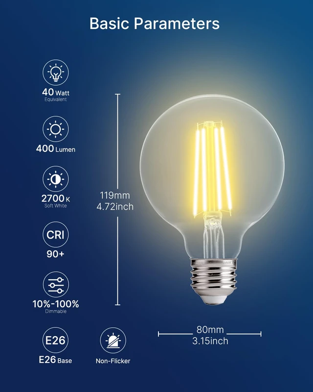 Alt view image 6 of 7 - G25 LED Globe Bulbs, 40W Eqv, 400LM, 2700K Soft White, E26, 12 Pack Dimmable, CRI90+, clear glass, UL listed, instant on, for bathroom vanity, mirror lighting, living room