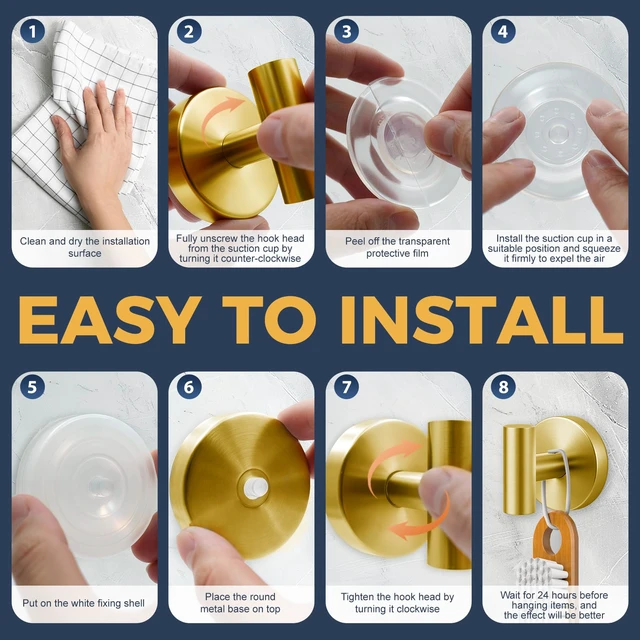 Alt view image 5 of 6 - Heavy Duty Suction Cup Hooks for Glass Window,Tile,Mirror,Removable Shower Hooks for Inside Shower,Metal Towel Hooks for Bathroom,4 Pack(Gold)