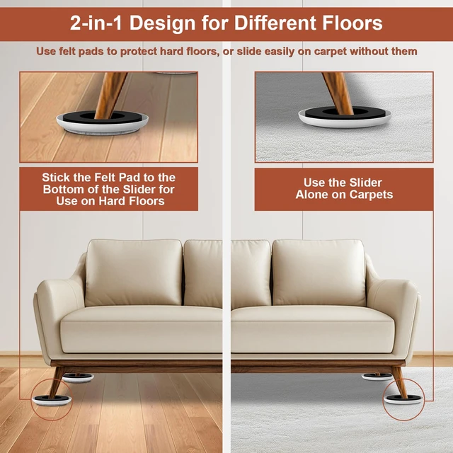 Alt view image 2 of 7 - Furniture Sliders for Hardwood Floors - Multi-Surface Moving Sliders 8PCS 4.3" Carpet Sliders + 16PCS Self-Adhesive Felt Pads - with Anti-Slip Groove - Protect Floors and Easily Move Sofa Bed