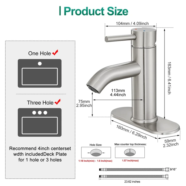 Alt view image 5 of 7 - Bathroom Faucet Brushed Nickel Modern Single Hole Bathroom Sink Faucet with Single Handle Suitable for 1 or 3 Holes,Supply Deck Plate and Hose