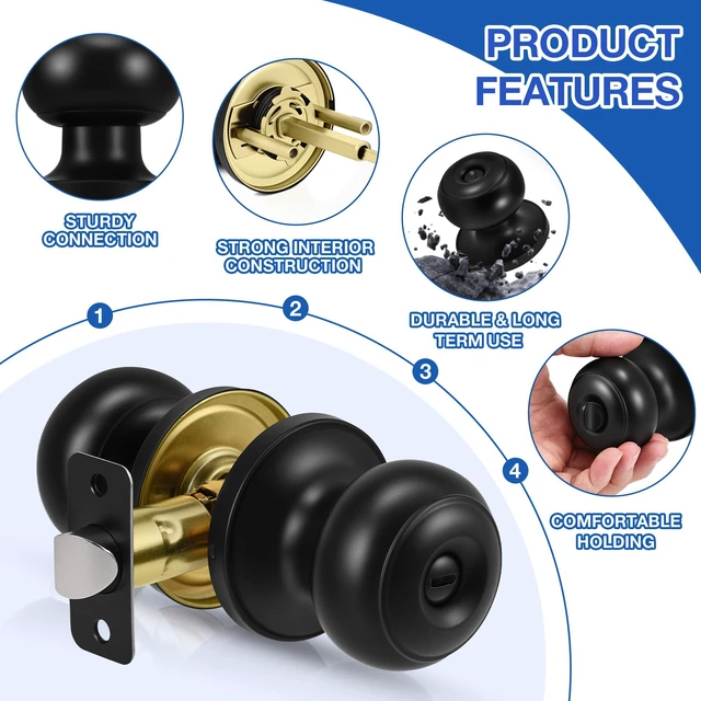 Alt view image 2 of 7 - 5 Pack Matte Black Door Knobs, Privacy Door Knob with Lock, Interior Doorknobs with Round Ball, Keyless Door Lockset for Bedrooms Bathrooms