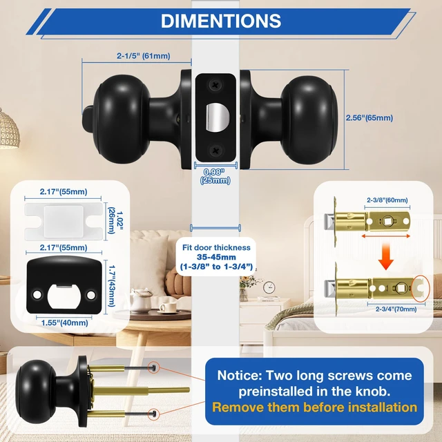 Alt view image 4 of 7 - 5 Pack Matte Black Door Knobs, Privacy Door Knob with Lock, Interior Doorknobs with Round Ball, Keyless Door Lockset for Bedrooms Bathrooms